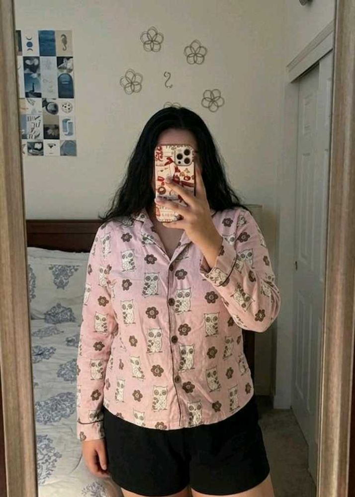 Pink Owl Print Button-Up Shirt