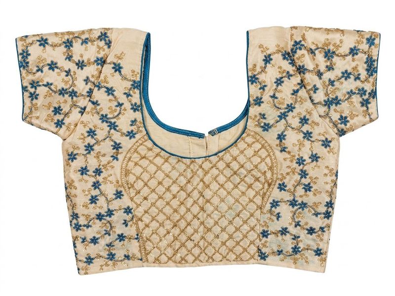 Embroidered Cream Blouse with Blue Floral Motifs