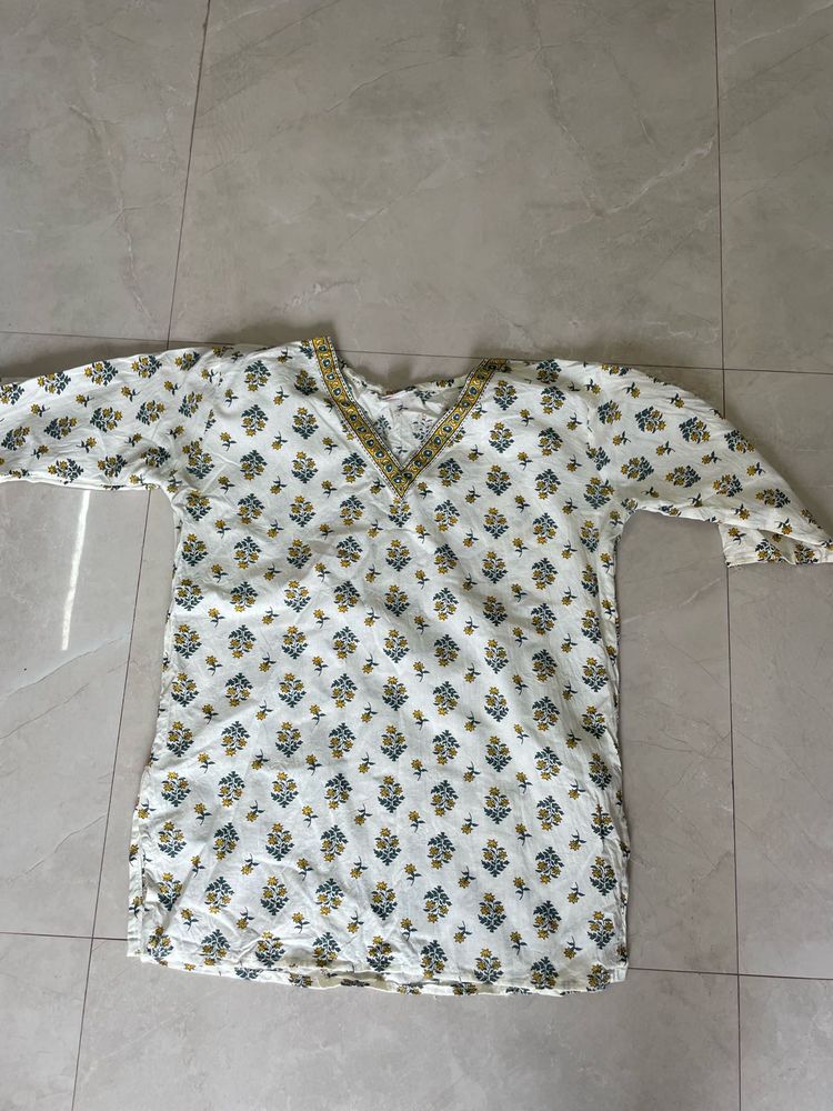 White Kurta with Floral Print