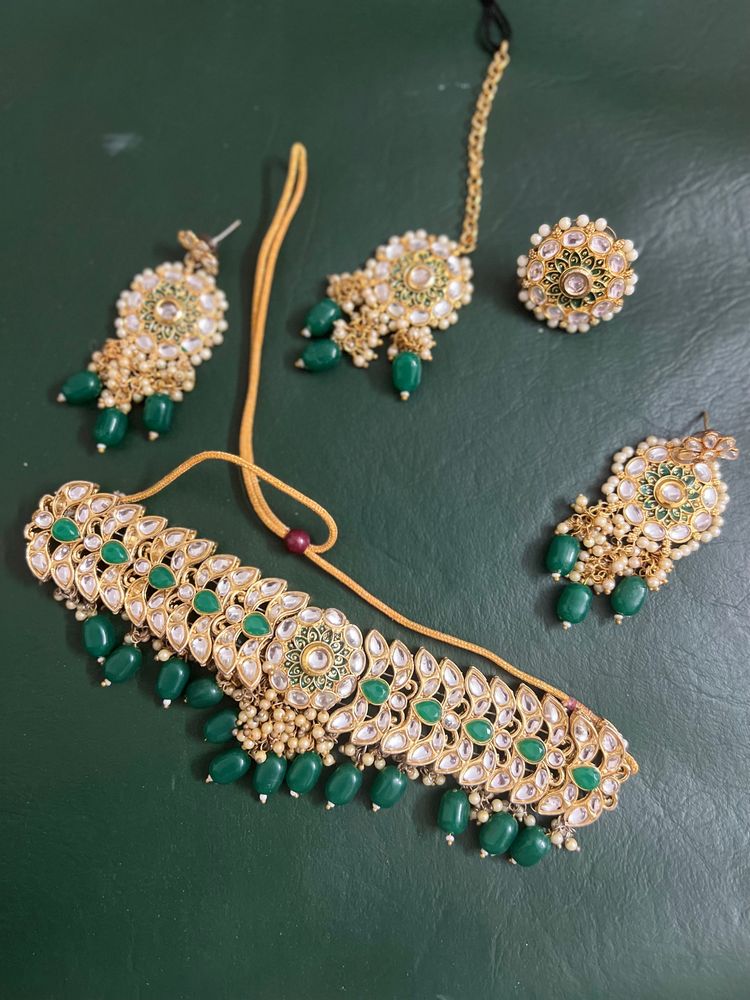 Necklace Earrings Mangtika Ring Set