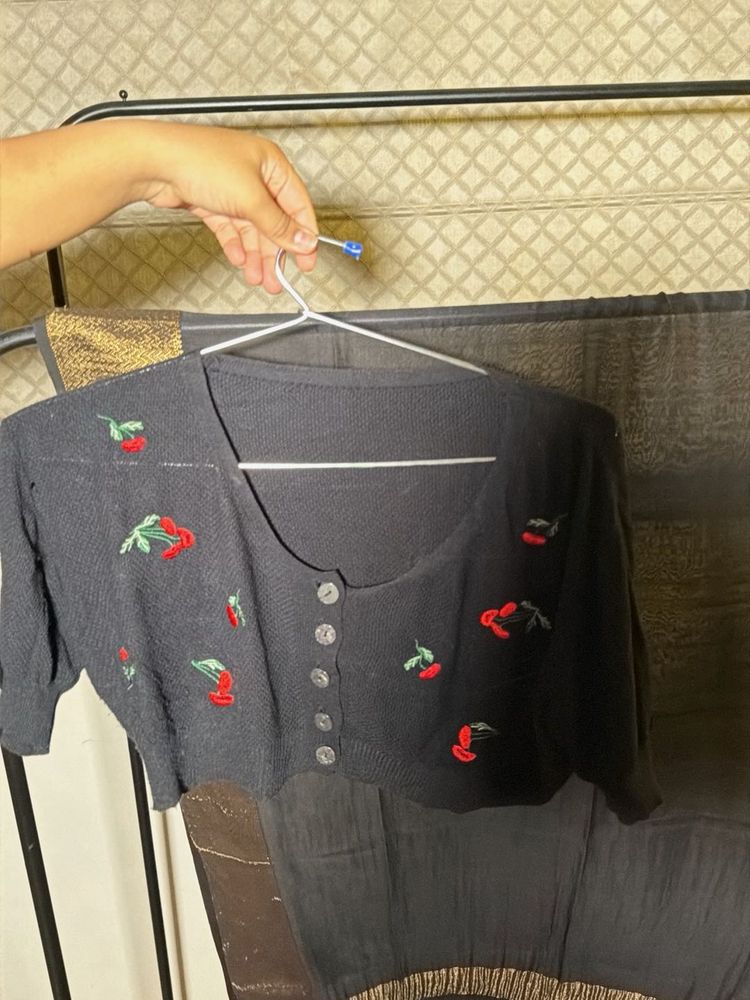 Black Cherry Embroidered Cropped Cardigan