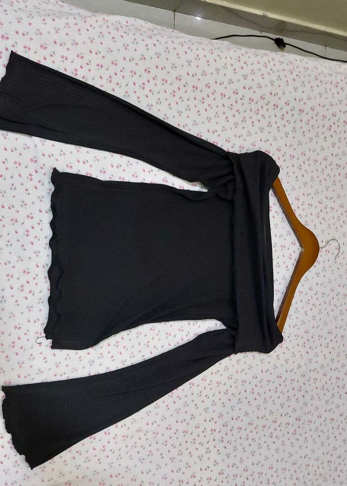 Black Off-Shoulder Bell Sleeve Top