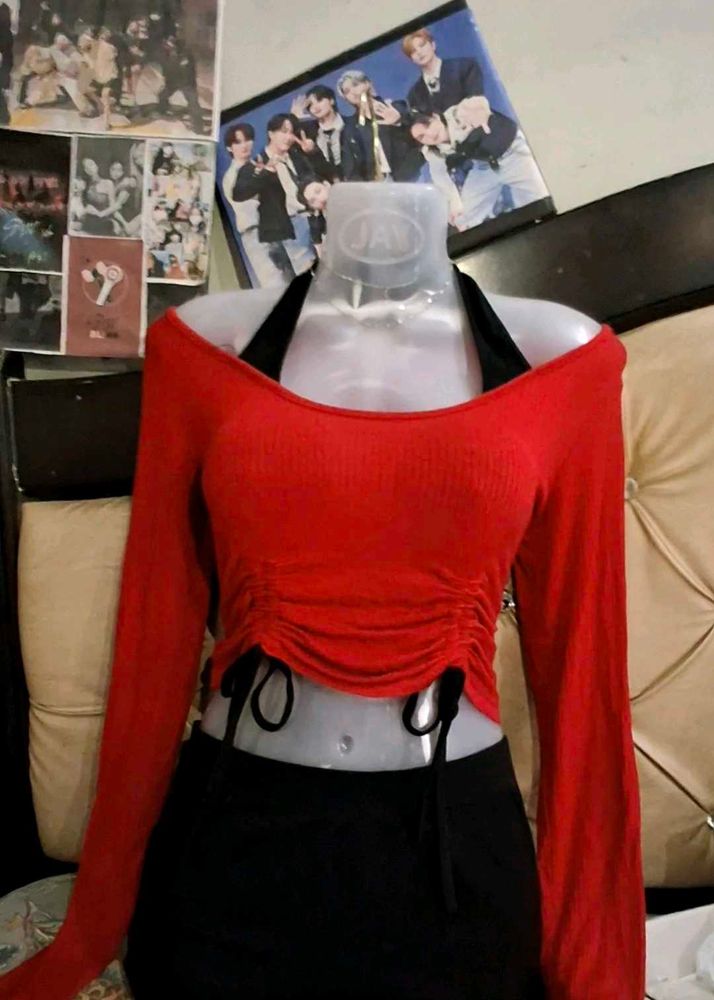 Chic Red Ruched Long Sleeve Top