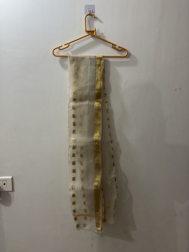 Elegant White Dupatta with Gold Foil Print