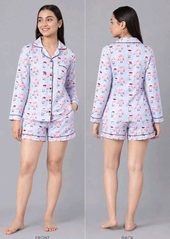 Women Blue &amp; Pink Donut Coffee Printed Night Suit