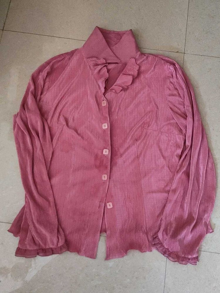 Pink Ruffled Button-Up Blouse