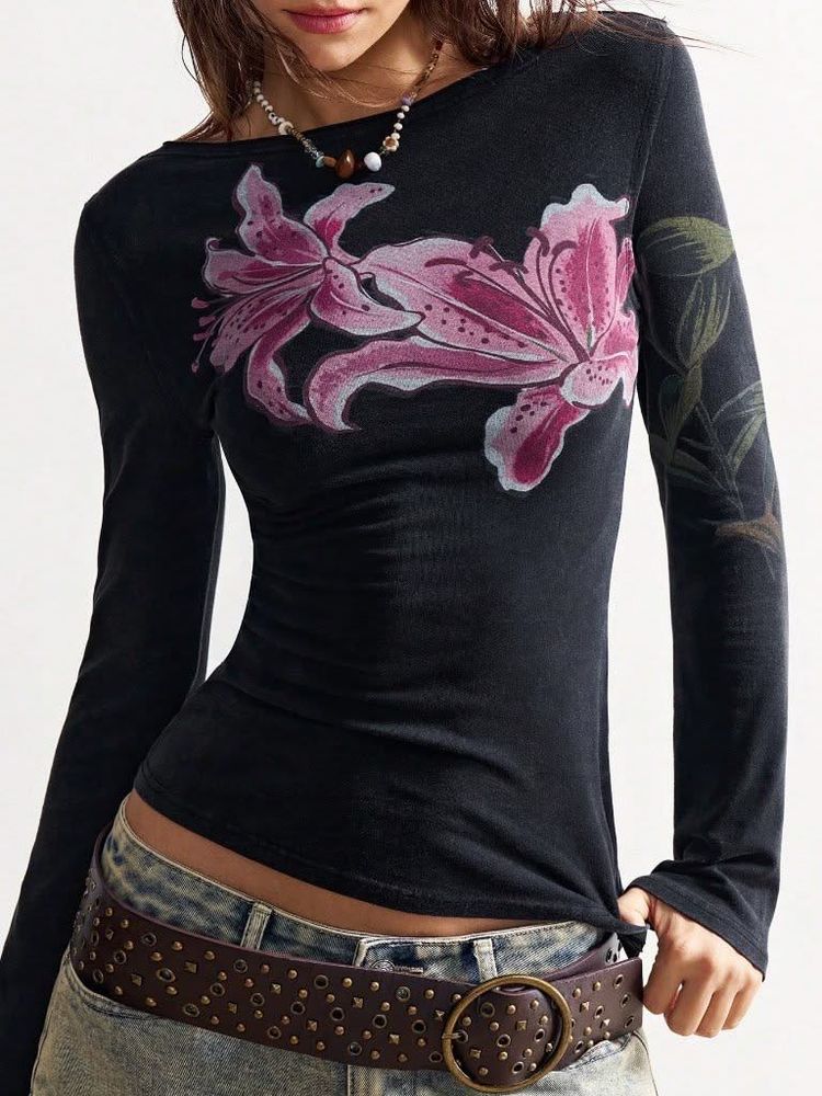 y2k mesh floral Print Long Sleeve Top