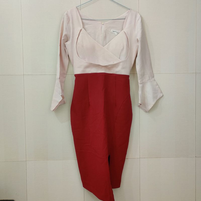 Cream And Maroon Bodycon Korean Dress