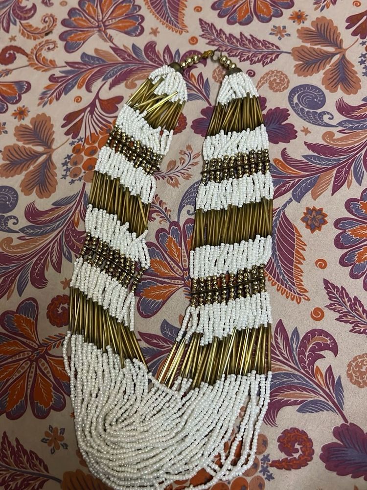 Bohemian White &amp; Gold Beaded Statement Necklace