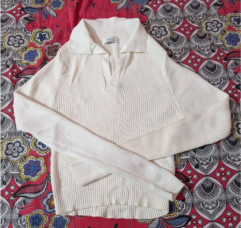 Cream Ribbed Collared Sweater