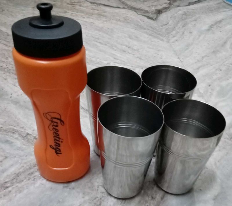 Orange Water Bottle with 4 Stainless Steel Glasses