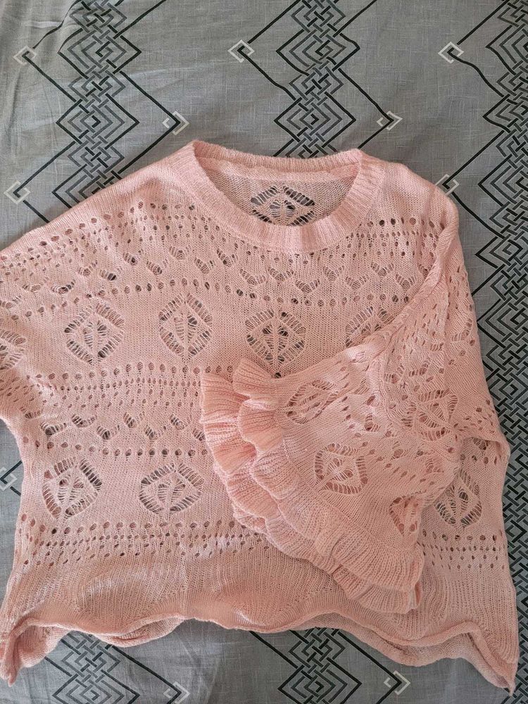 Sheer Pink Knit Sweater with Ruffle Sleeves