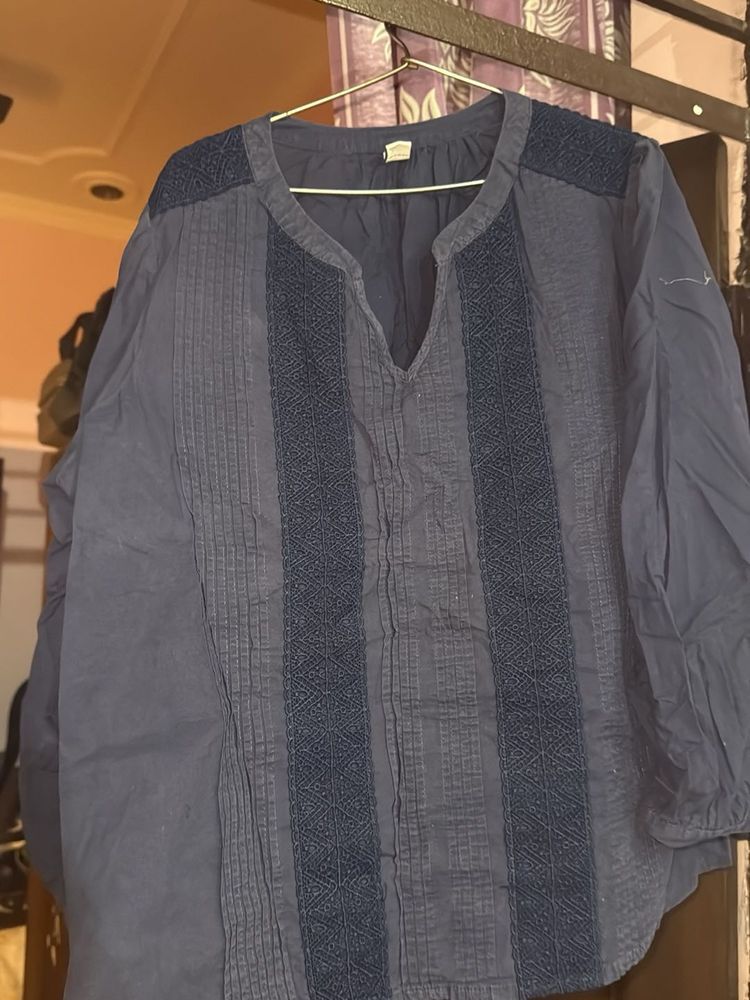 Blue Embroidered Cotton Kurta