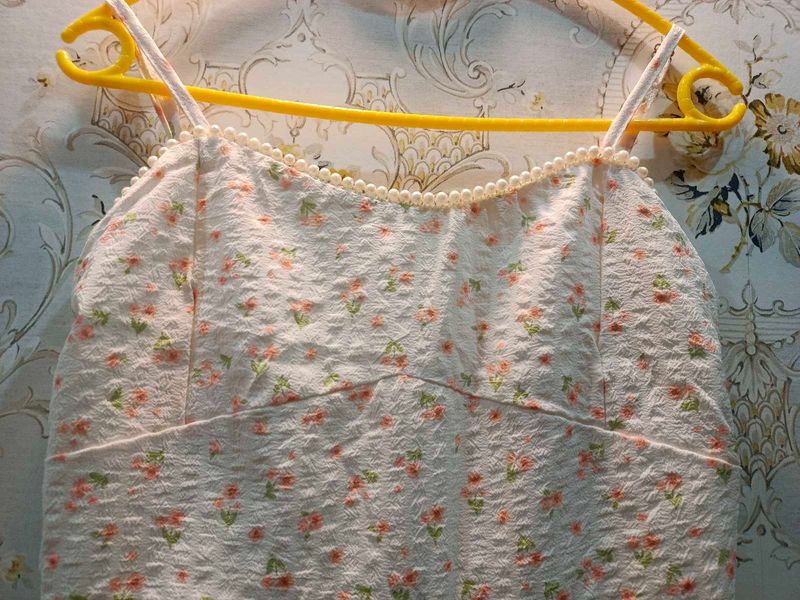 Floral Print Mini Dress with Pearl Trim