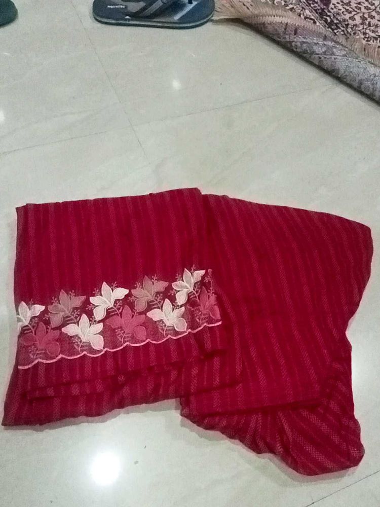 Red Striped Saree with Floral Border