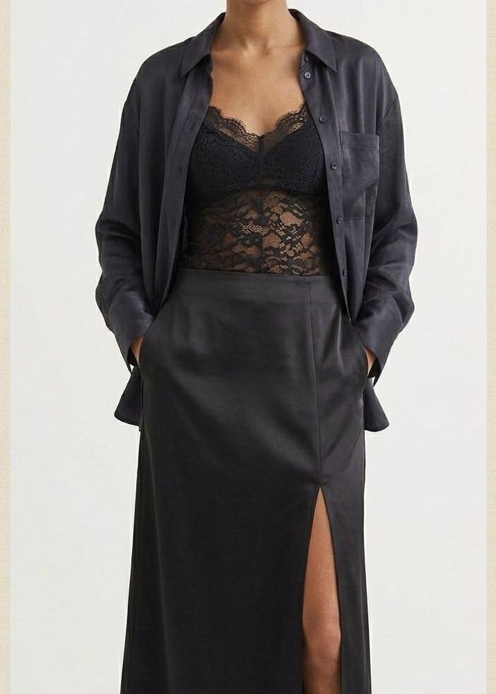 H&amp;M Satin-Finish Oversized Shirt - Dark Grey
