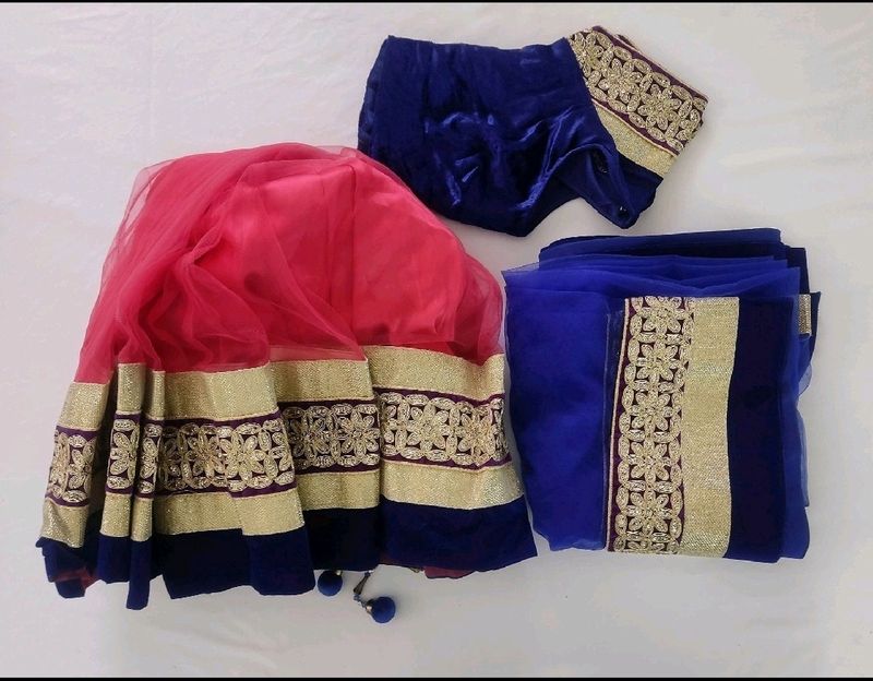 [Blue &amp; Pink Embroidered Lehenga Choli Set (Women)
