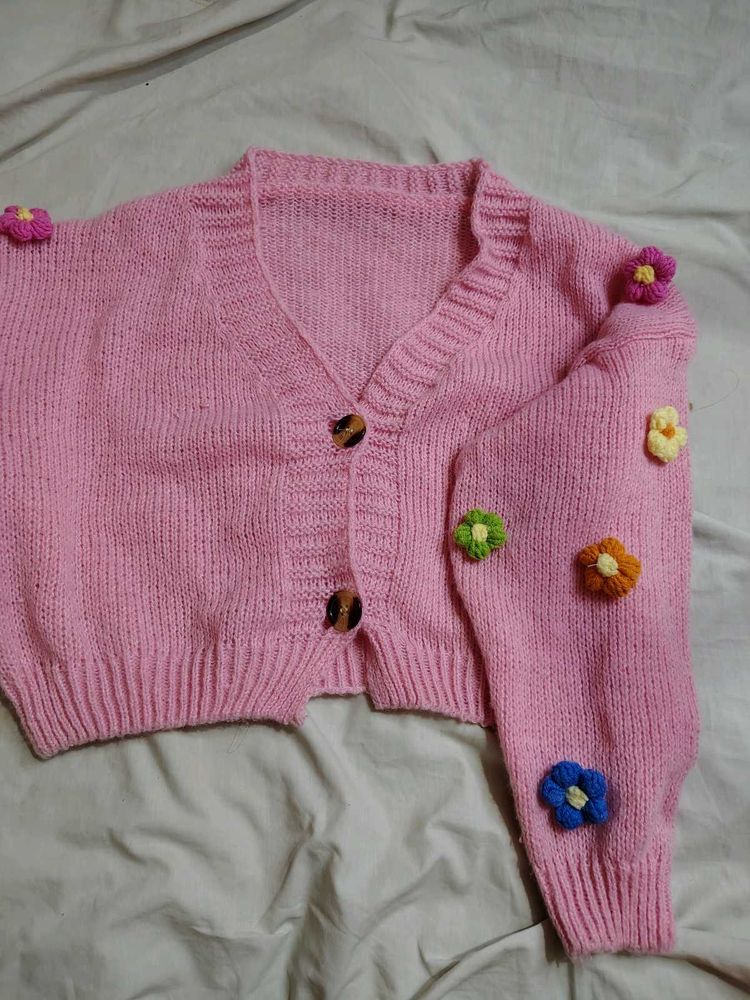 Savana Pink Cropped Cardigan with Floral Appl