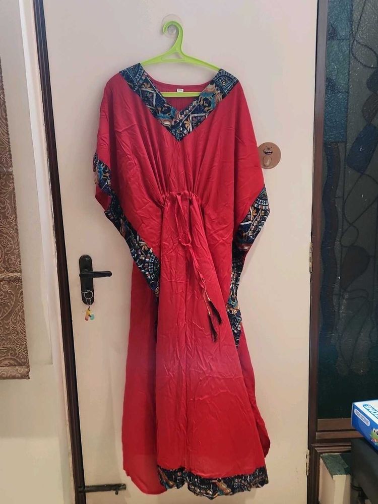 Vibrant Red Kaftan Dress with Bohemian Print