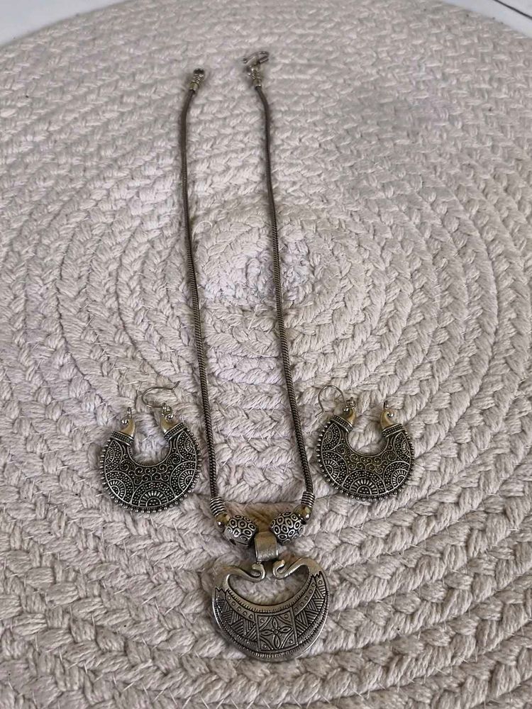 Boho Silver Necklace and Earrings Set