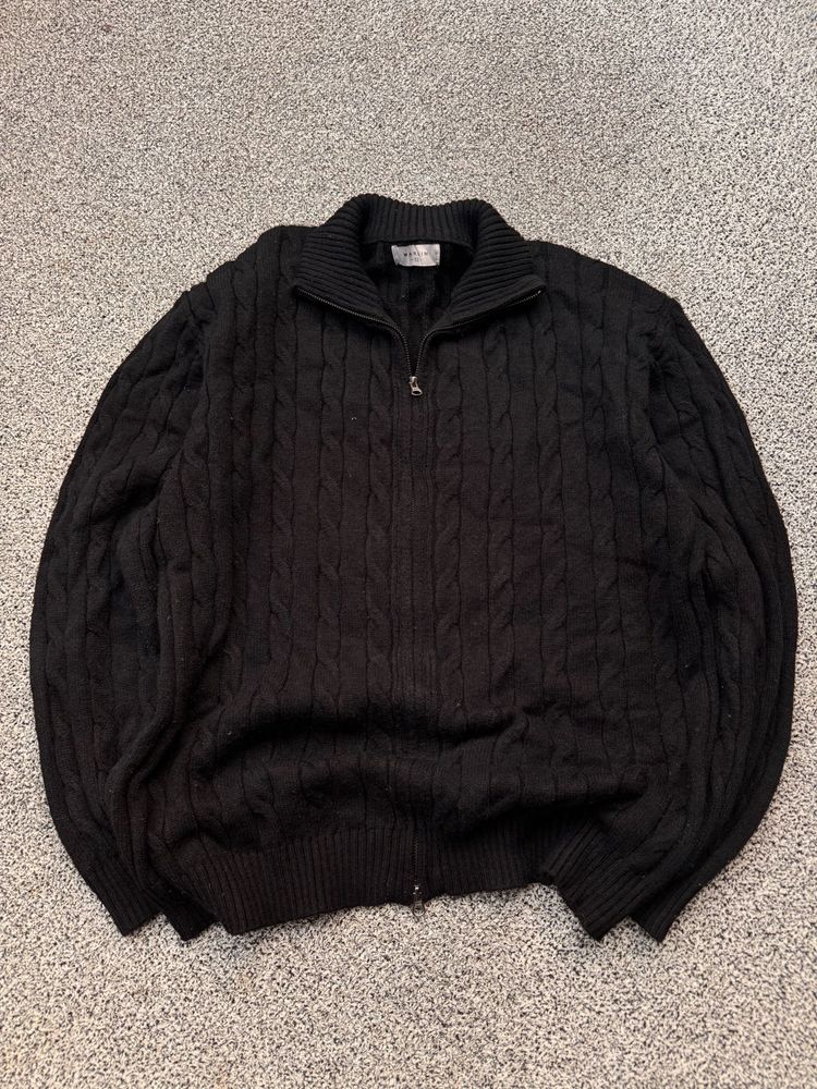 Men's Black Cable Knit Zip-Up Sweater