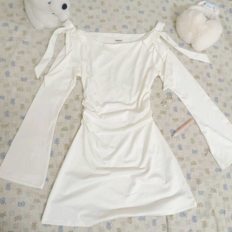 Boat Neckline Solid Ruched Bowknot Mini Dress