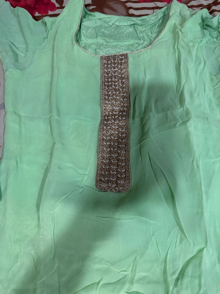 Elegant Mint Green Kurta with Embellished Neckline