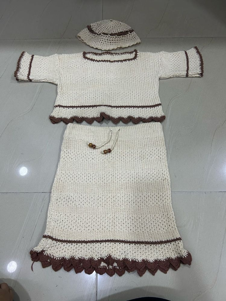 Cream &amp; Brown Top, Skirt &amp; Cap Crochet Set