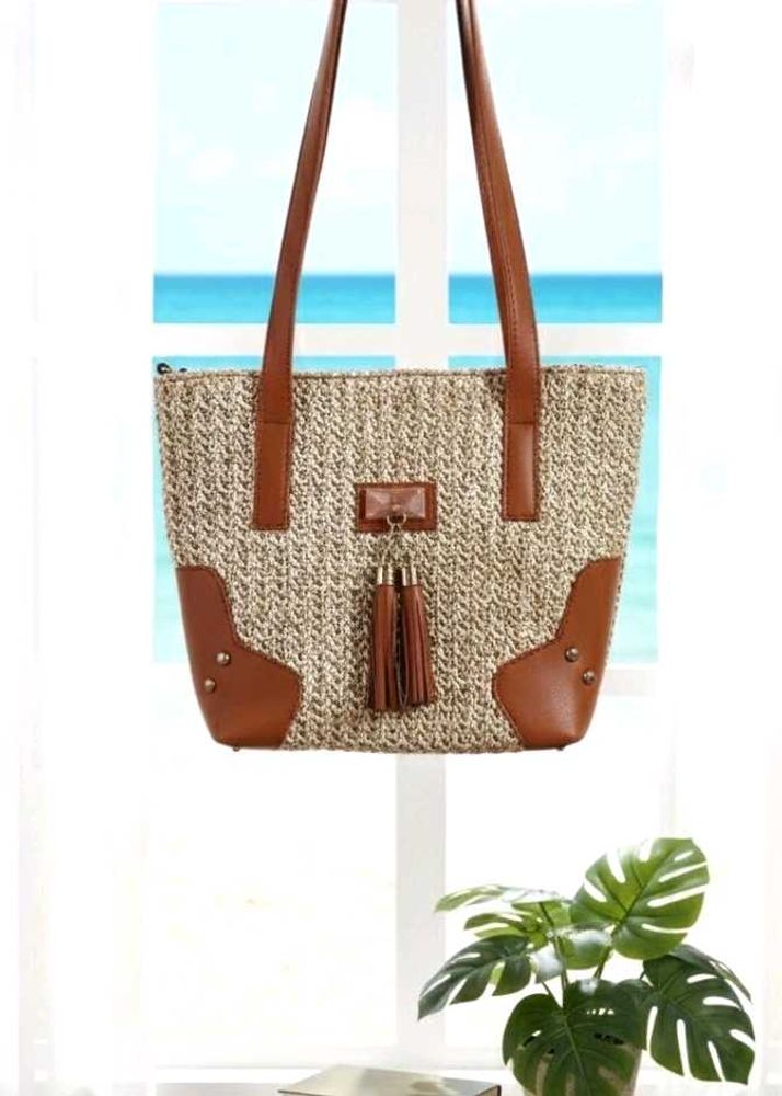 Woven Tote Bag with Faux Leather Accents