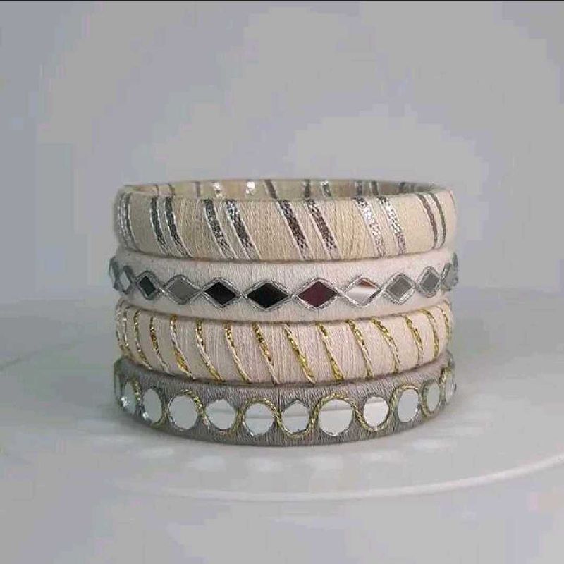 t of 4 Designer Fabric Bangles with Mirror Work�
