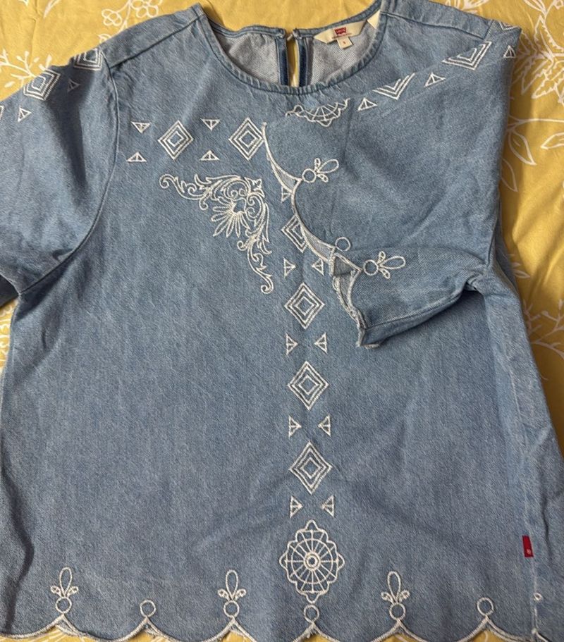 Denim Top with White Embroidery