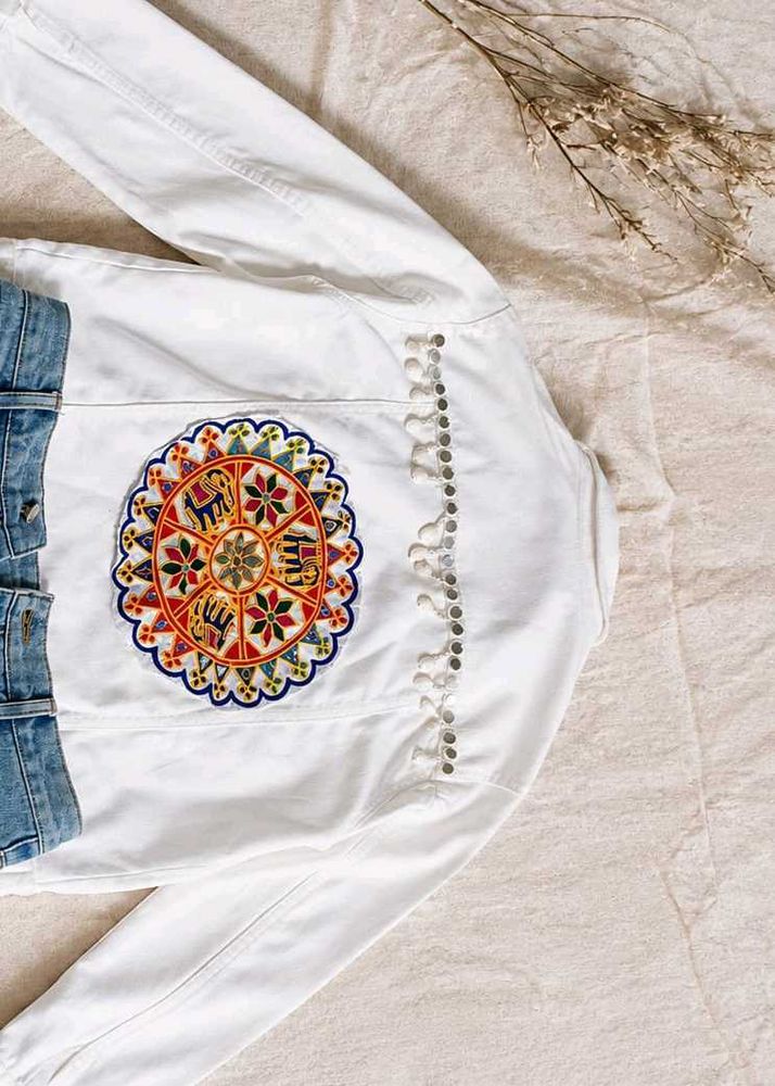 White Denim Jacket with Embroidered Detail