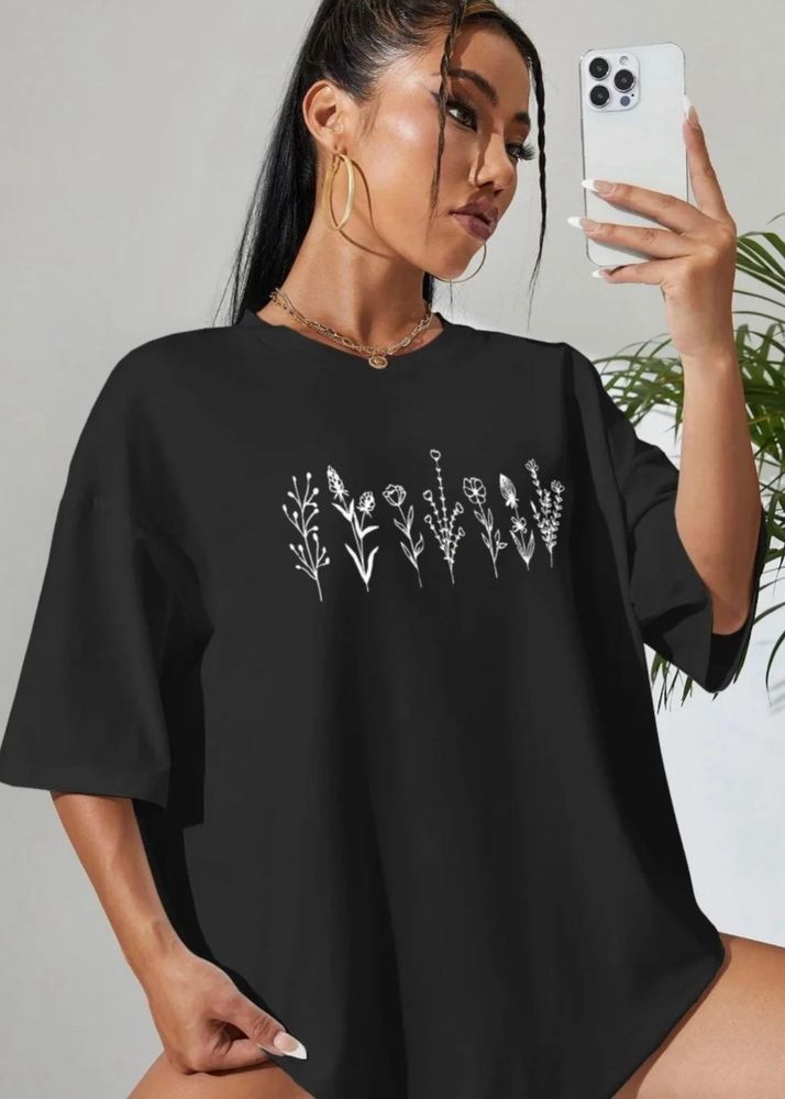 Black Floral Print Oversized T-Shirt