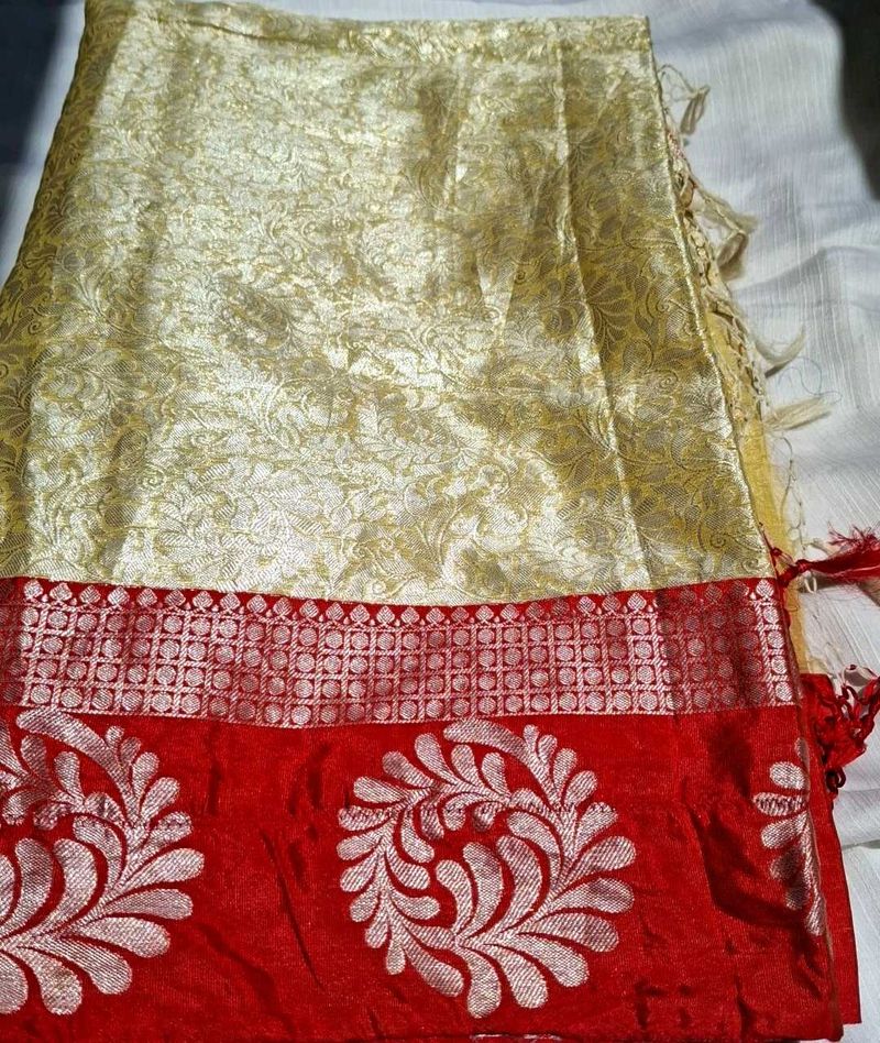 Elegant Gold &amp; Red Brocade Saree