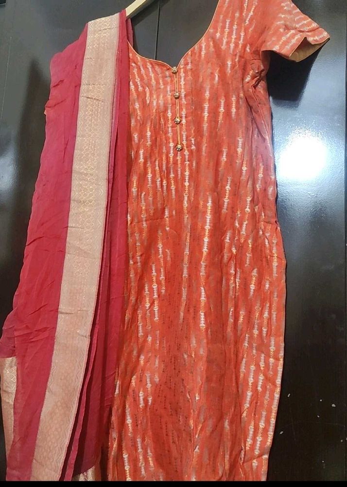 Coral Colour Suit Salwar &amp; Dupatta For 40 Bust
