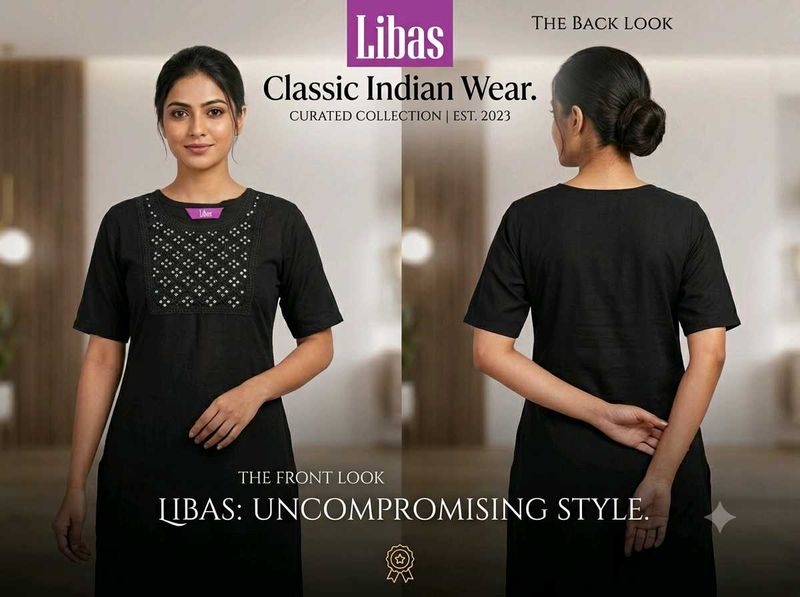 Libas Black Cotton Kurti with Mirror Work |