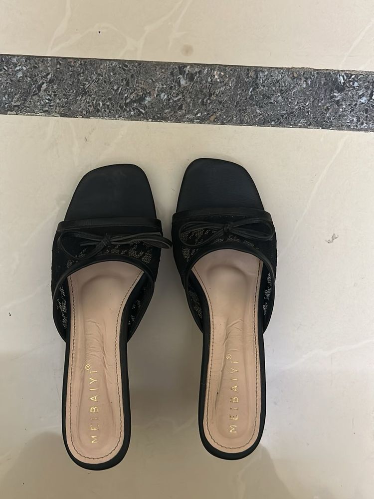Black Lace Bow Mules