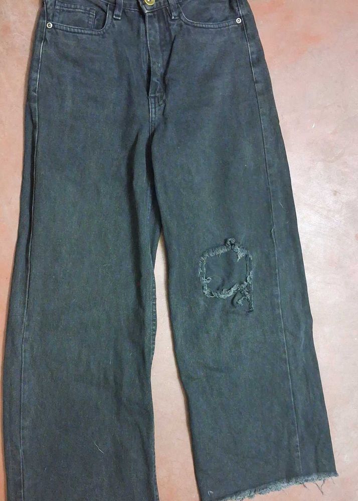 Zudio Black Ripped Flared Jeans | High Waist