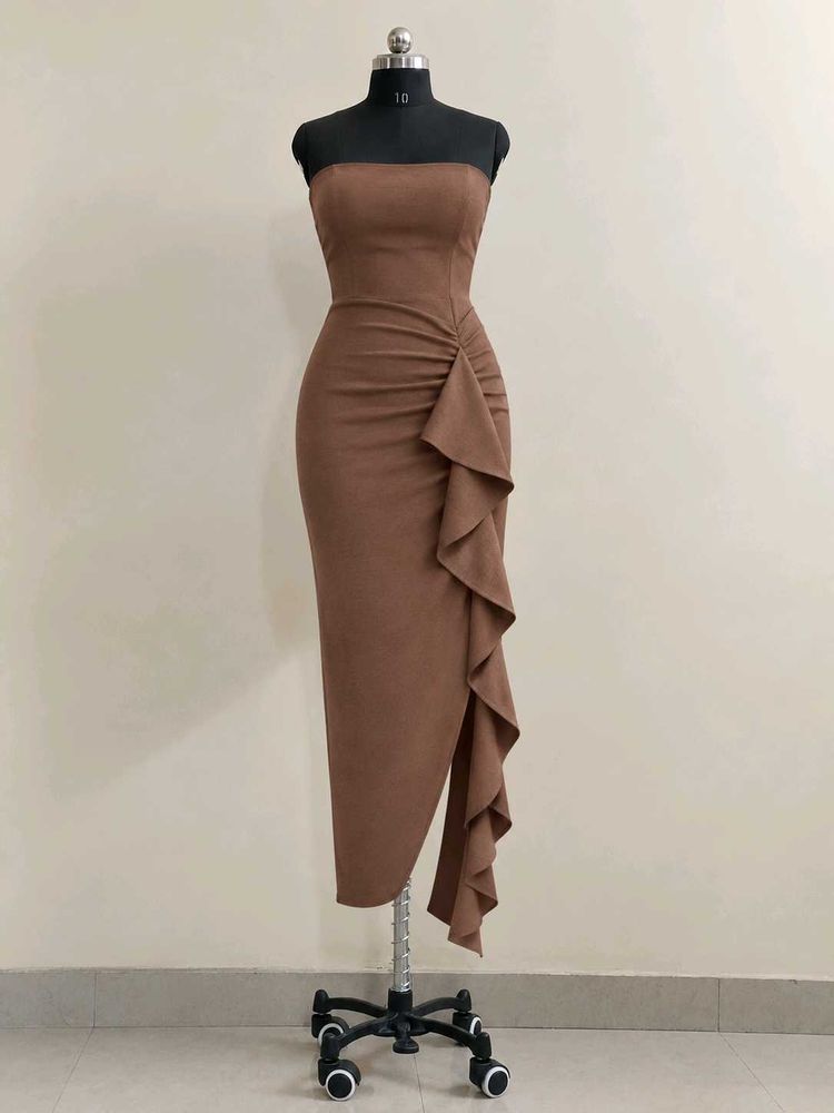 Brown Strapless Ruffle Dress