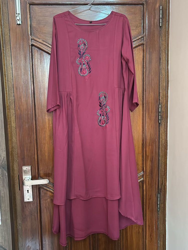 Burgundy High Low Embroidered Kurta/ Dress