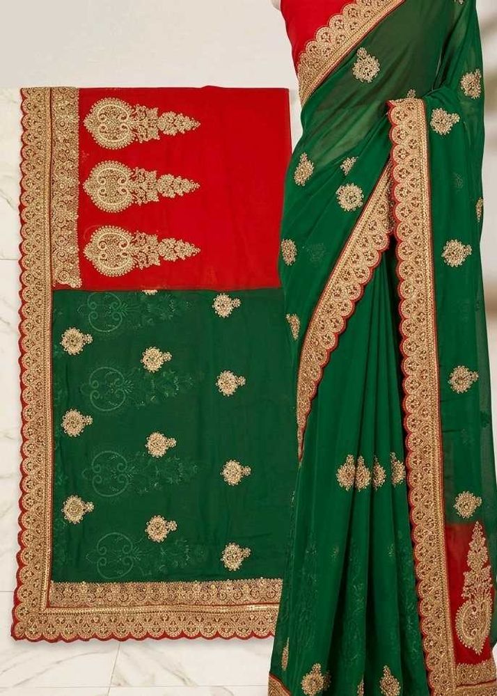 Exquisite Red &amp; Green Georgette Saree