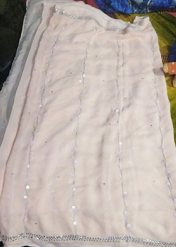 Party Wear, Class Look Peach Colour Saree With Pearl And Sequence Work