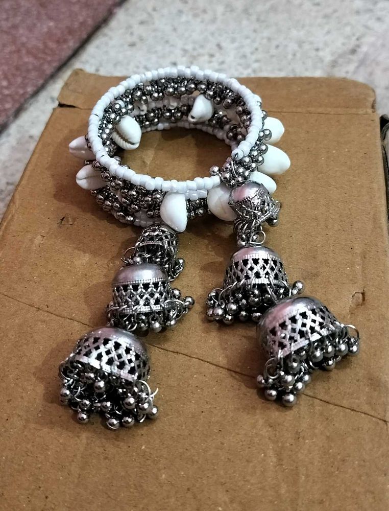 Boho Silver Anklet with Jhumkas &amp; Shells