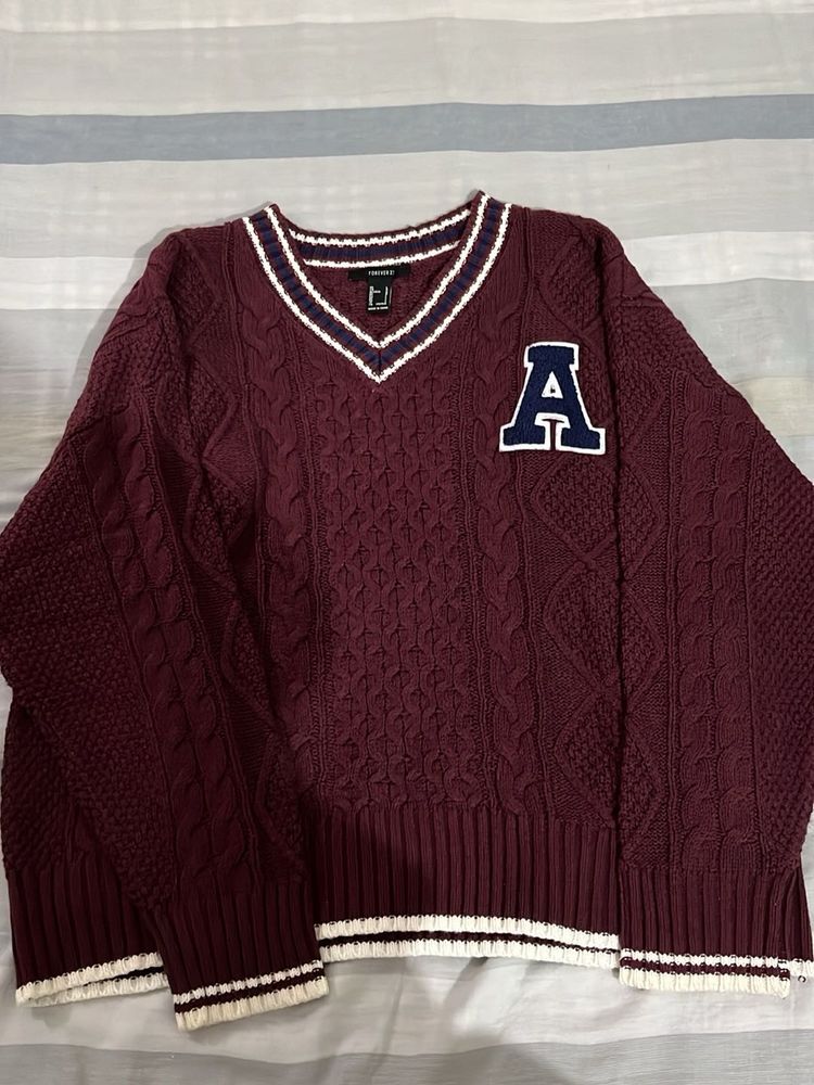 Maroon Varsity Style Cable Knit Sweater
