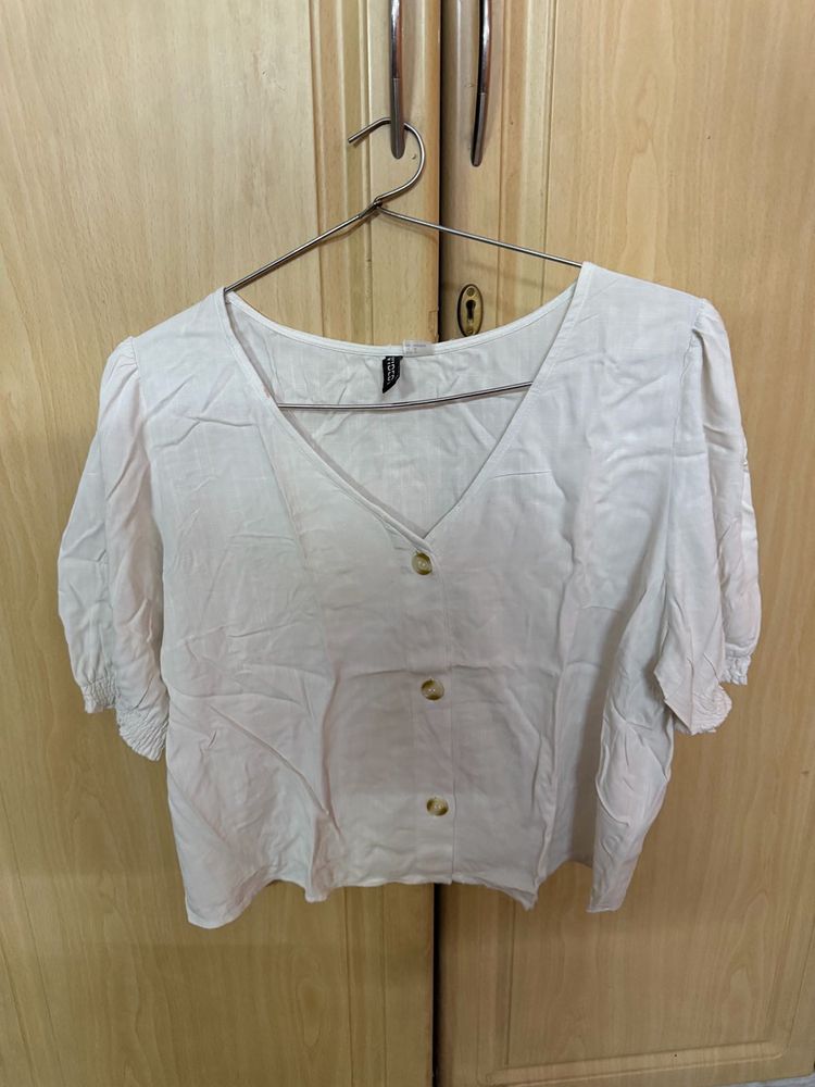Cream Button-Up V-Neck Top