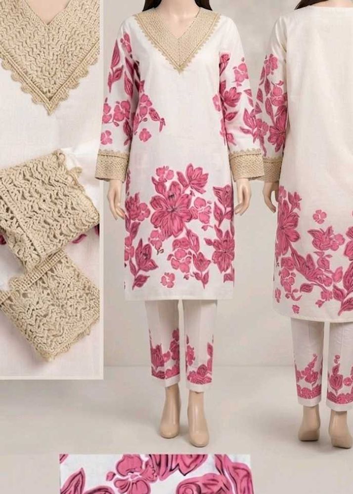 White Kurta Set with Pink Floral Print