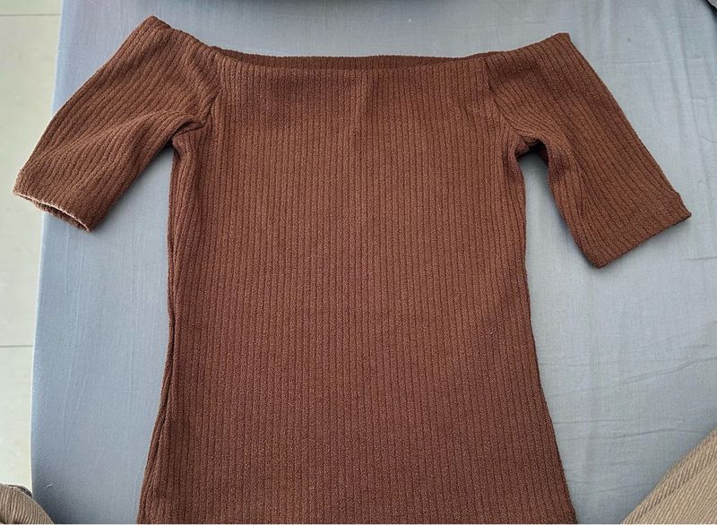 Cozy Brown Knit Offshoulder Top