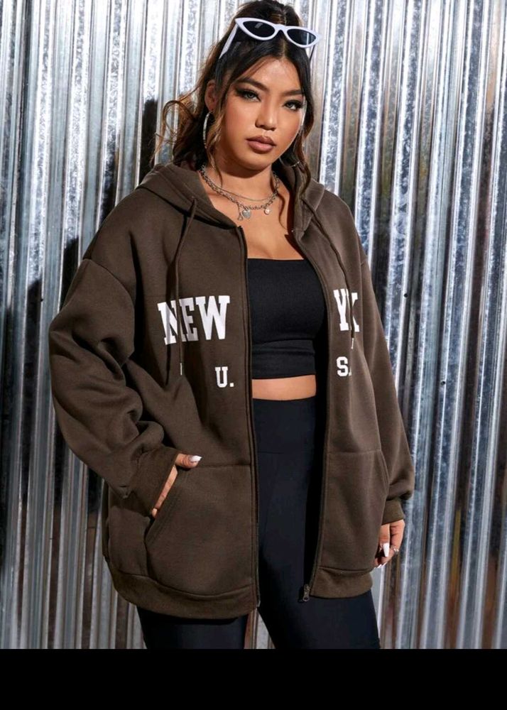 Oversized Brown "New York" Zip-Up Hoodie