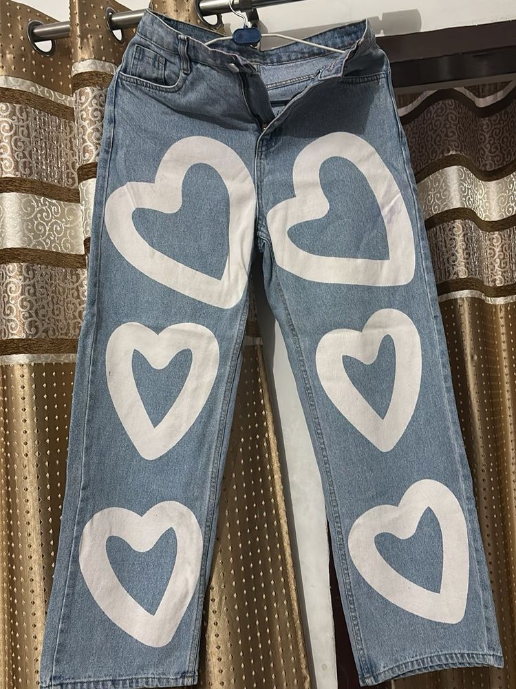 Heart Print Wide Leg Jeans