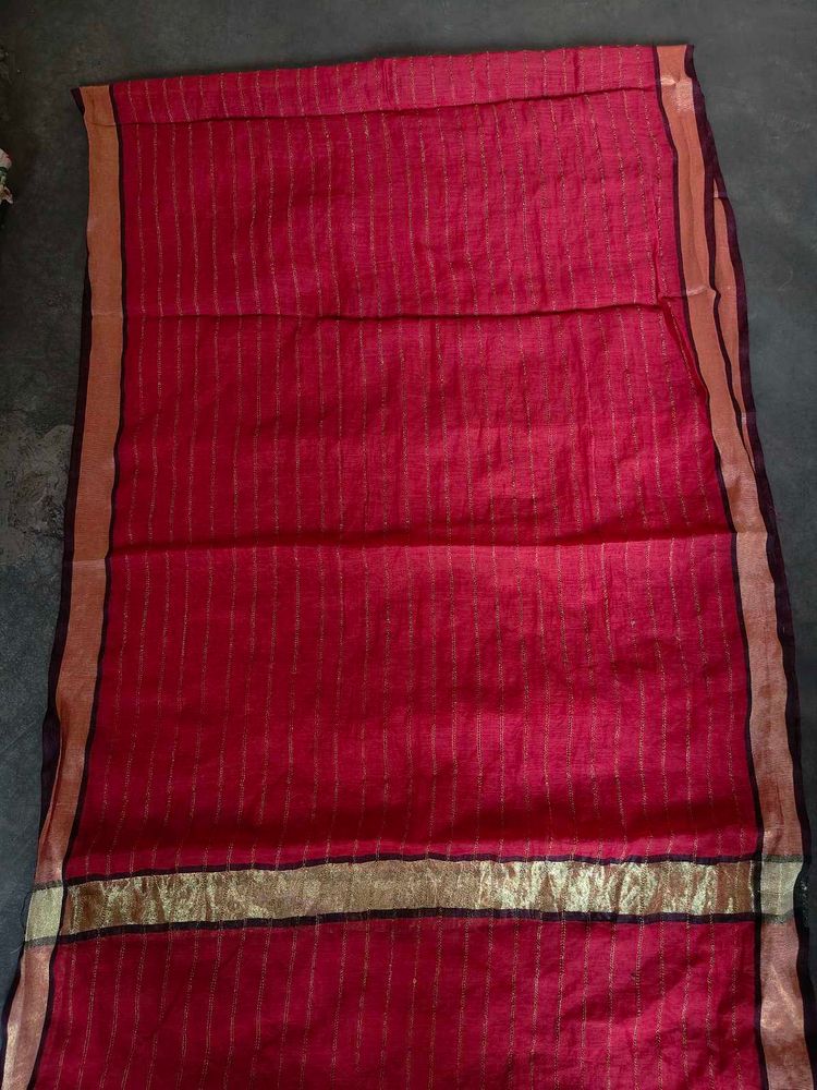 Elegant Red Saree with Golden Stripes